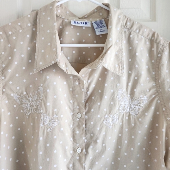 Vintage Blair Polka Dot Button Down Short Sleeve Top Butterfly Embroidery 2XL - Picture 5 of 5